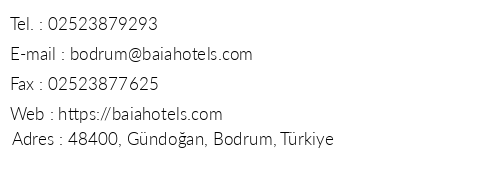 Baia Bodrum Hotel telefon numaralar, faks, e-mail, posta adresi ve iletiim bilgileri